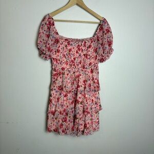 Thirty Thirty‎ LA Floral Pink Floral Tiered Smocked Mini Dress Size Large Lolita